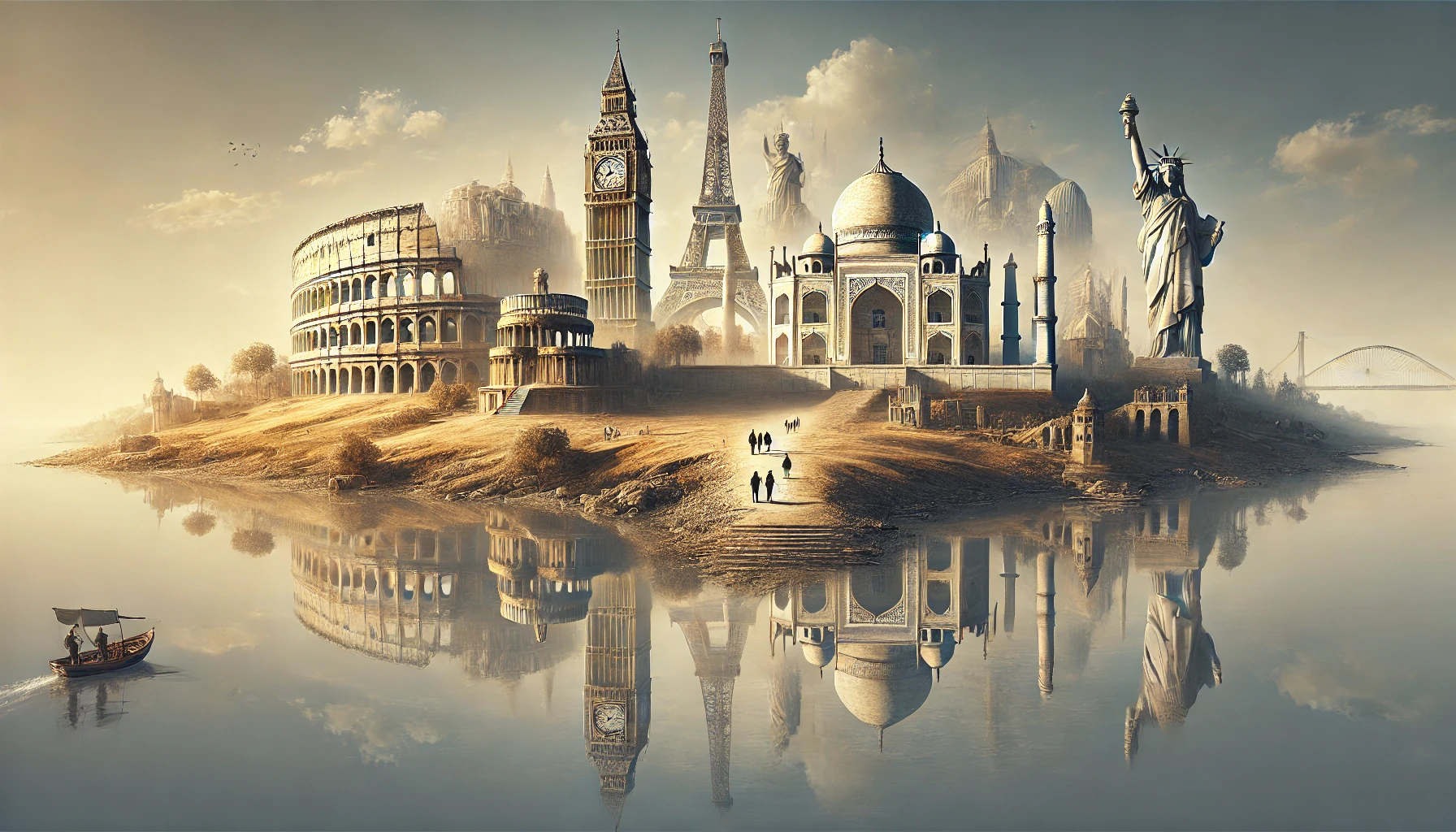 DALL·E 2024-09-10 11.45.30 - A hyperrealistic image capturing an artistic fusion of world-famous landmarks on a vast canvas. The Eiffel Tower, Colosseum, Taj Mahal, and Angkor Wat